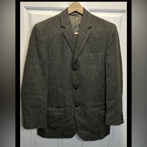 Vintage Harris Tweed Moss Green & Grey Herringbone Blazer | Scottish Wool | 39R